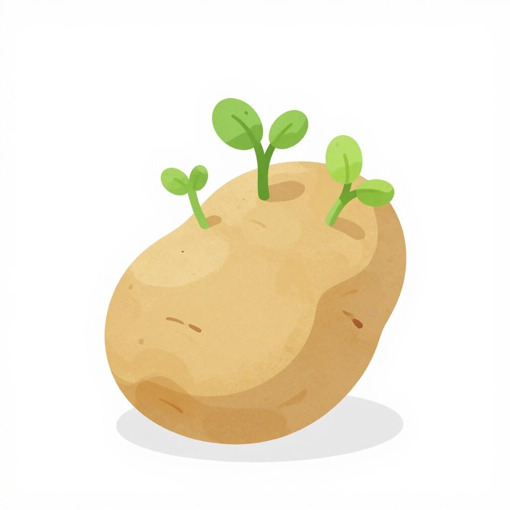 Une pomme de terre brune avec plusieurs petites pousses vertes qui en sortent.