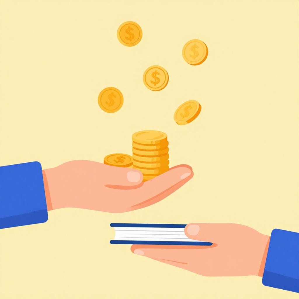 Eine Person übergibt einem anderen eine Münzstapel, der ein Kassenbuch hält.