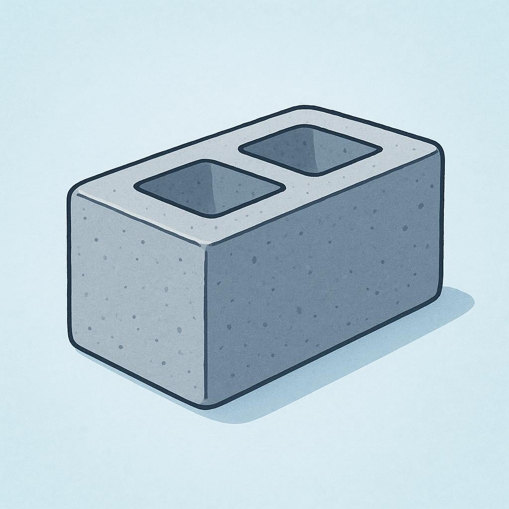 A single, heavy gray concrete construction block resting on the ground.