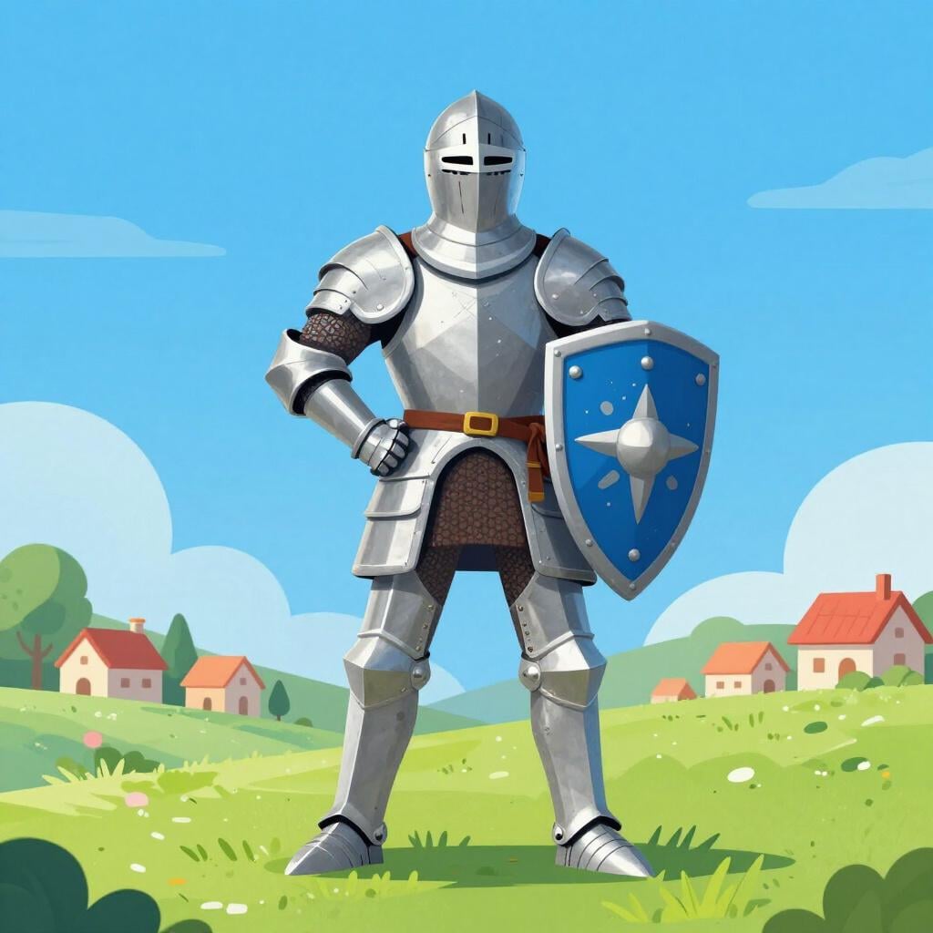 A brave knight in shining armor standing firmly in front of a small village to protect it.