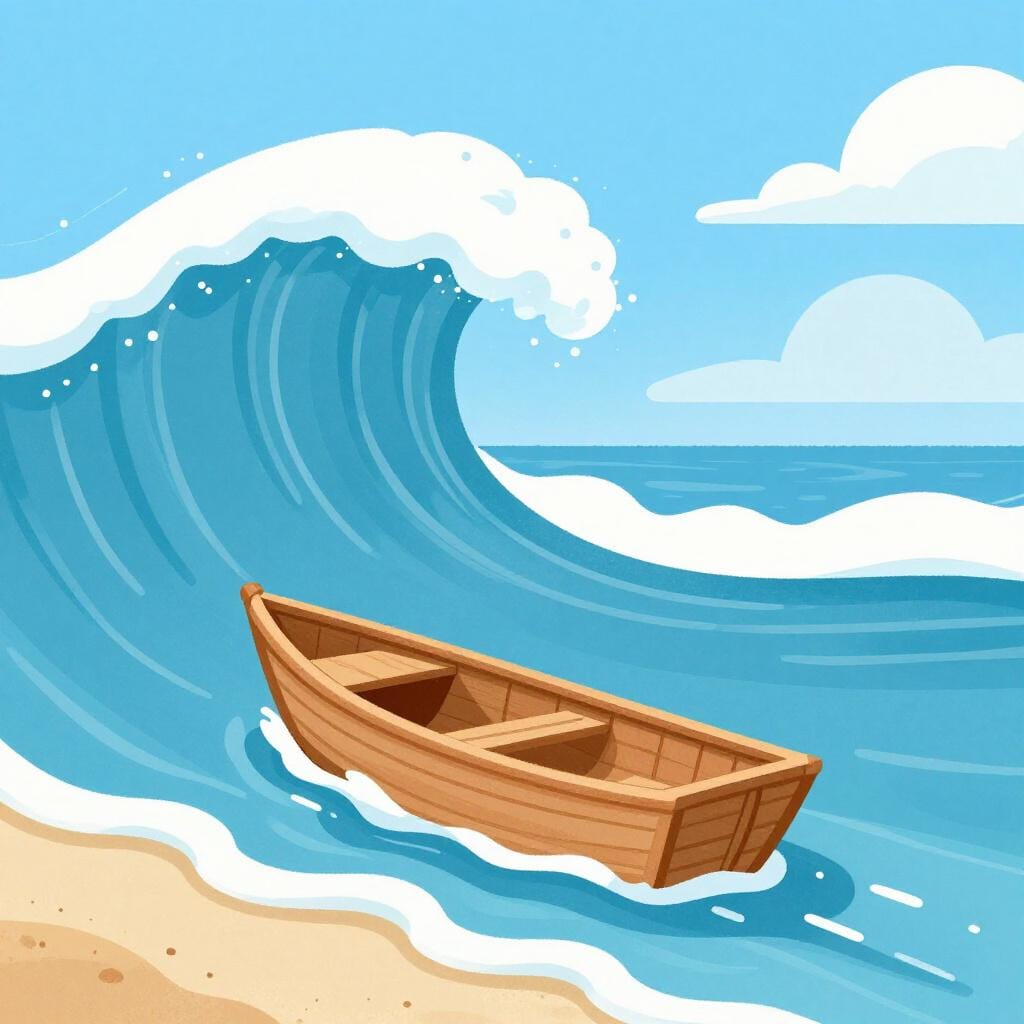 A small wooden boat being pushed backward by a strong wave away from a tropical shore.