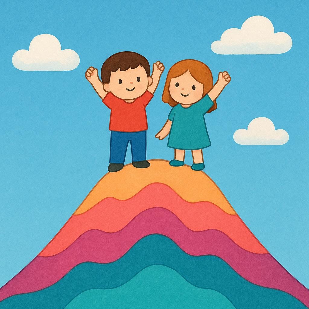 Duas pequenas figuras triunfantes em pé no cume colorido e arredondado de uma montanha alta, levantando os braços em comemoração contra um céu azul brilhante.