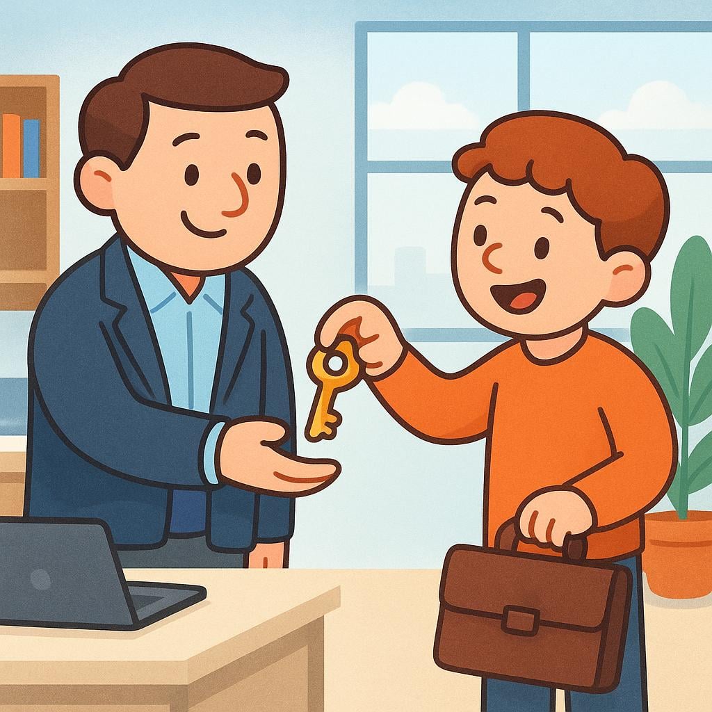 A smiling figure wearing a suit jacket extends a welcoming hand and offers a small golden key to another excited figure holding a briefcase, symbolizing the act of hiring.