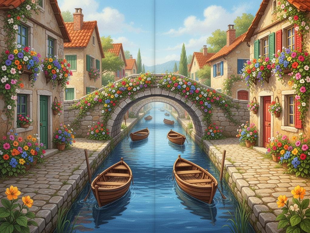 A peaceful man-made waterway flowing through a quaint town with small boats and stone bridges.