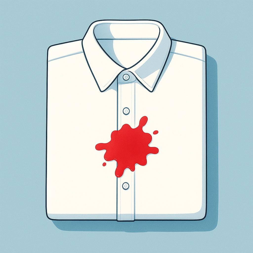 A pristine, folded white shirt lying flat, with a single drop of bright red liquid hitting the center and forming a spreading red stain, illustrating a sudden transition to a new state.