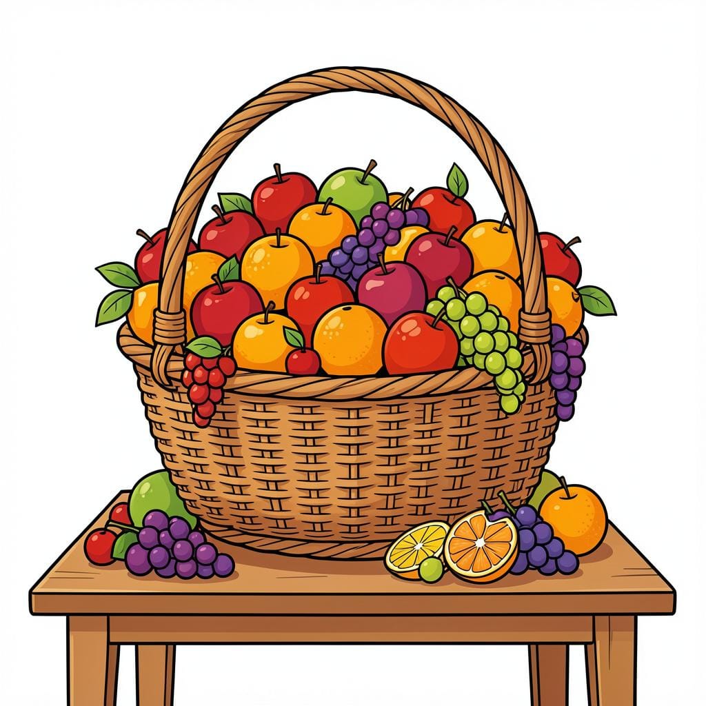 A very large, overflowing basket of colorful ripe fruit sitting on a wooden table.