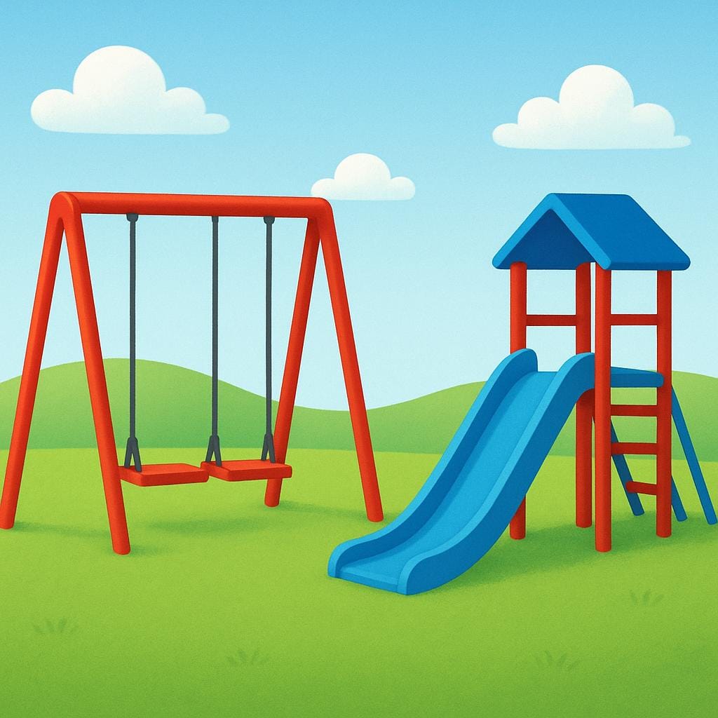 A colorful illustration of an empty children's playground featuring a swing set and a slide. There are no people visible, emphasizing the feeling of emptiness.