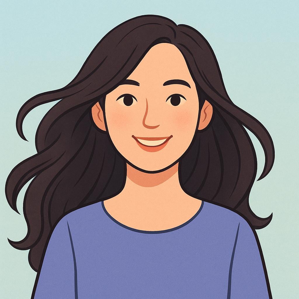 A simple portrait illustration of a smiling woman with flowing dark hair.