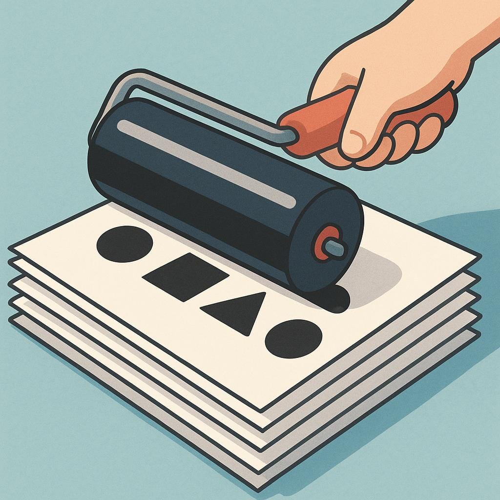 Eine Nahaufnahme eines Walzenmechanismus, der aktiv Tinte auf einen Stapel leerer Papierbögen presst und so den Druckprozess veranschaulicht.