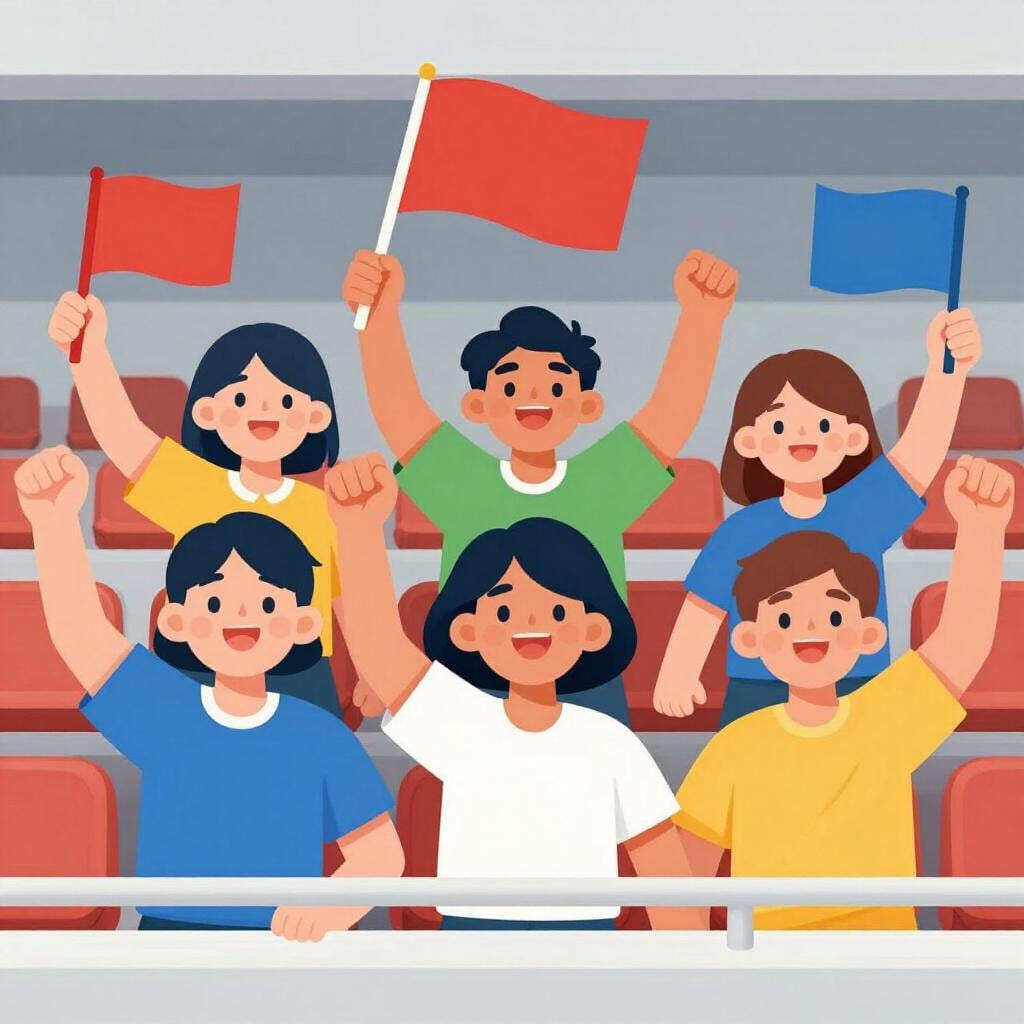 Een menigte fans die dezelfde kleuren dragen, vlaggen zwaaien en enthousiast juichen vanaf de tribunes.