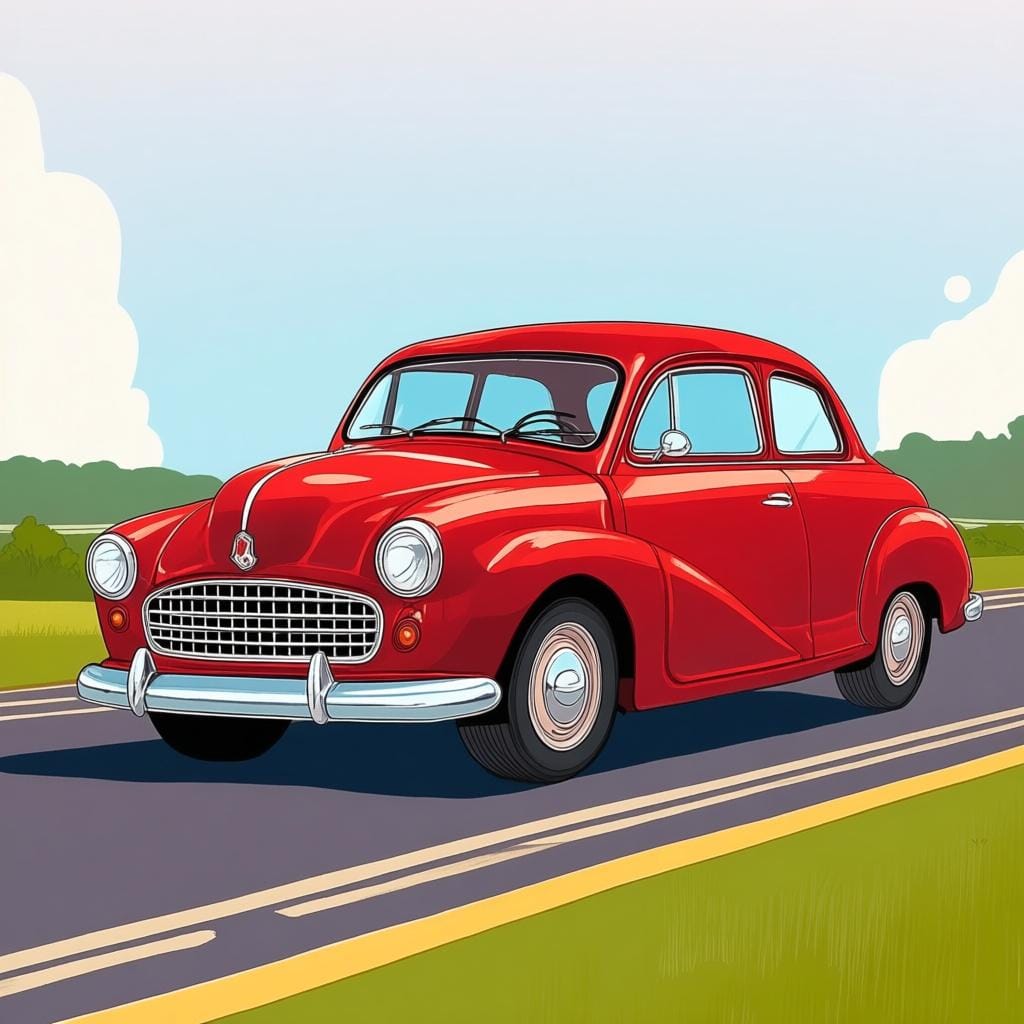 単一の、光沢のある赤いヴィンテージカーが晴れた道に駐車されている様子。