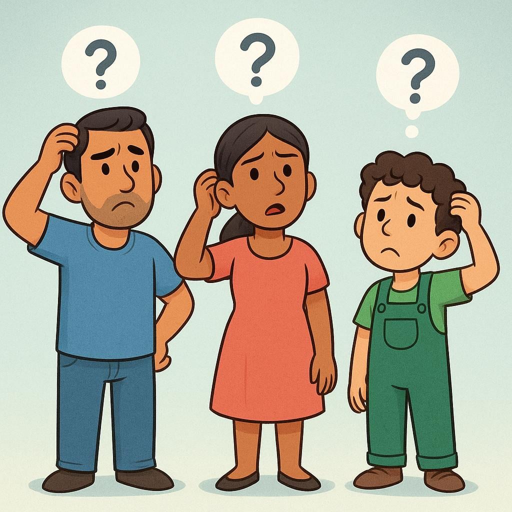 Three people (a man, a woman, and a child) scratching their heads with puzzled expressions, suggesting they have collectively forgotten something.