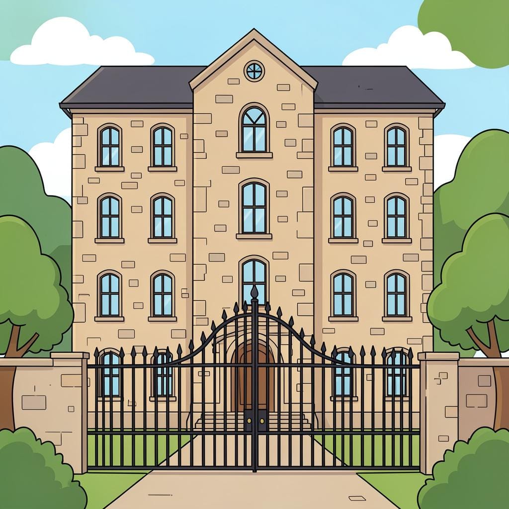 Een groot, oud Victoriaans stenen gebouw met veel ramen en een hoog ijzeren hek in een rustige tuin.