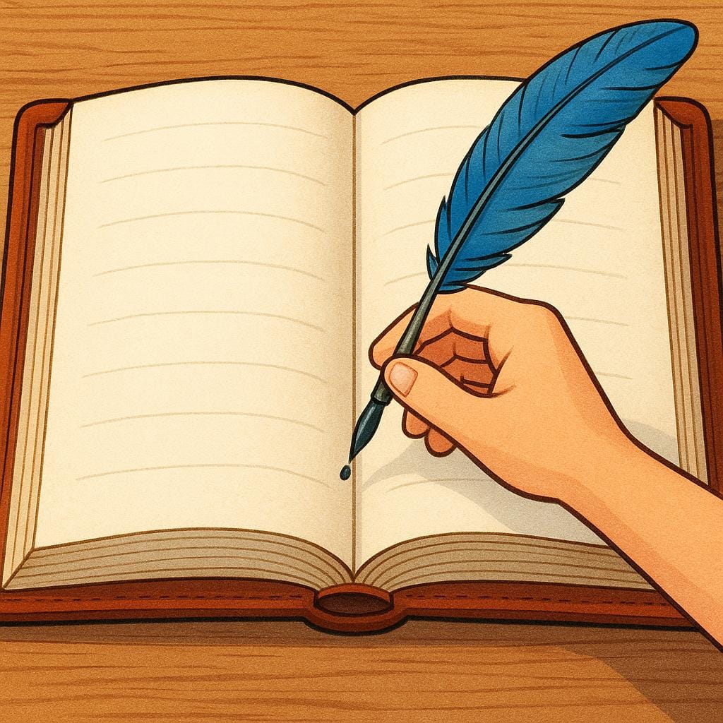 A close-up view of a hand holding a quill pen poised above a large, open, blank leather-bound book, symbolizing the act of recording a financial transaction.