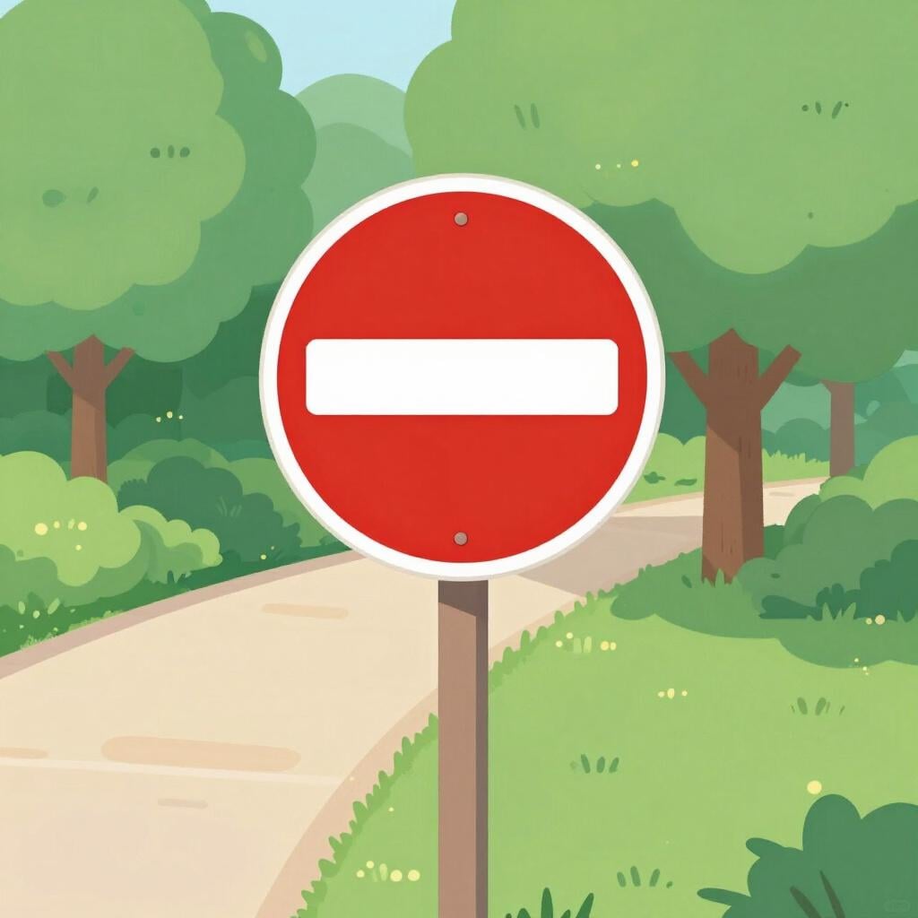 A bright red circular sign with a thick white horizontal bar in the middle, placed in front of a green park entrance.