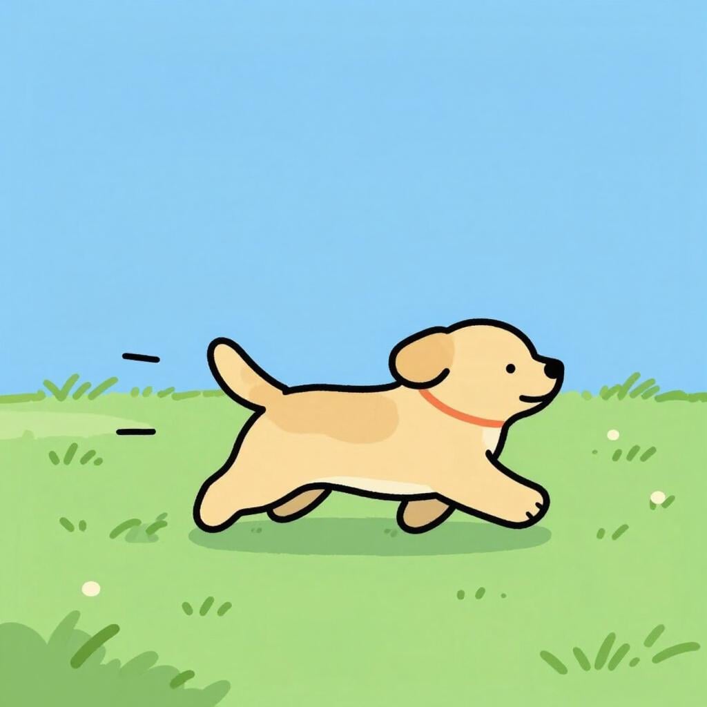 A colorful storybook illustration of a small dog running across a green field with its ears flapping in the wind.