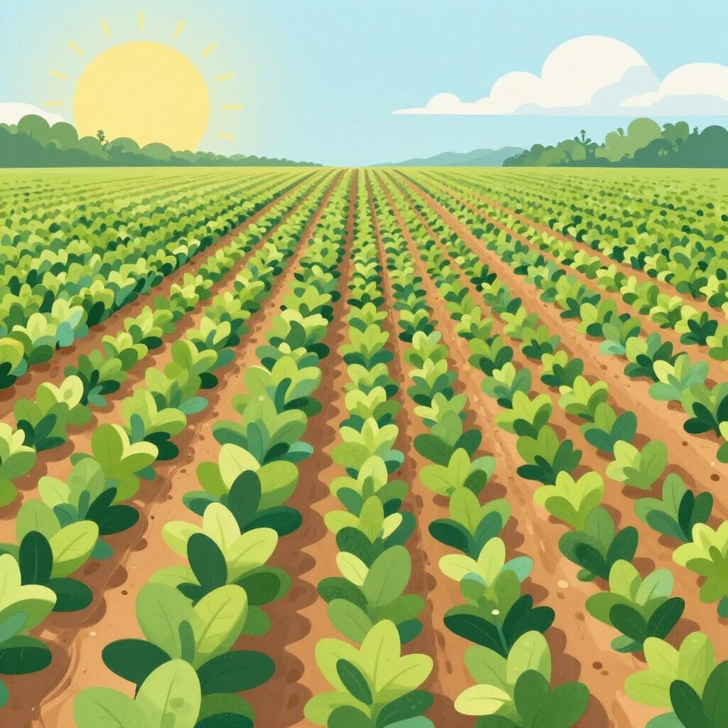 A vast field of neatly organized green crops stretching toward the horizon under a bright blue sky.