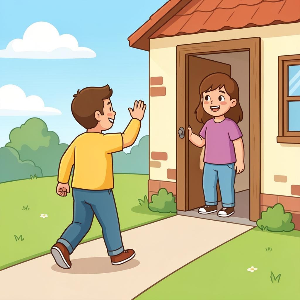 A person waving their hand as they walk away from a friend standing in a doorway.
