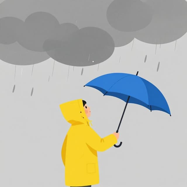 A person wearing a warm raincoat and holding an umbrella while looking at dark clouds.
