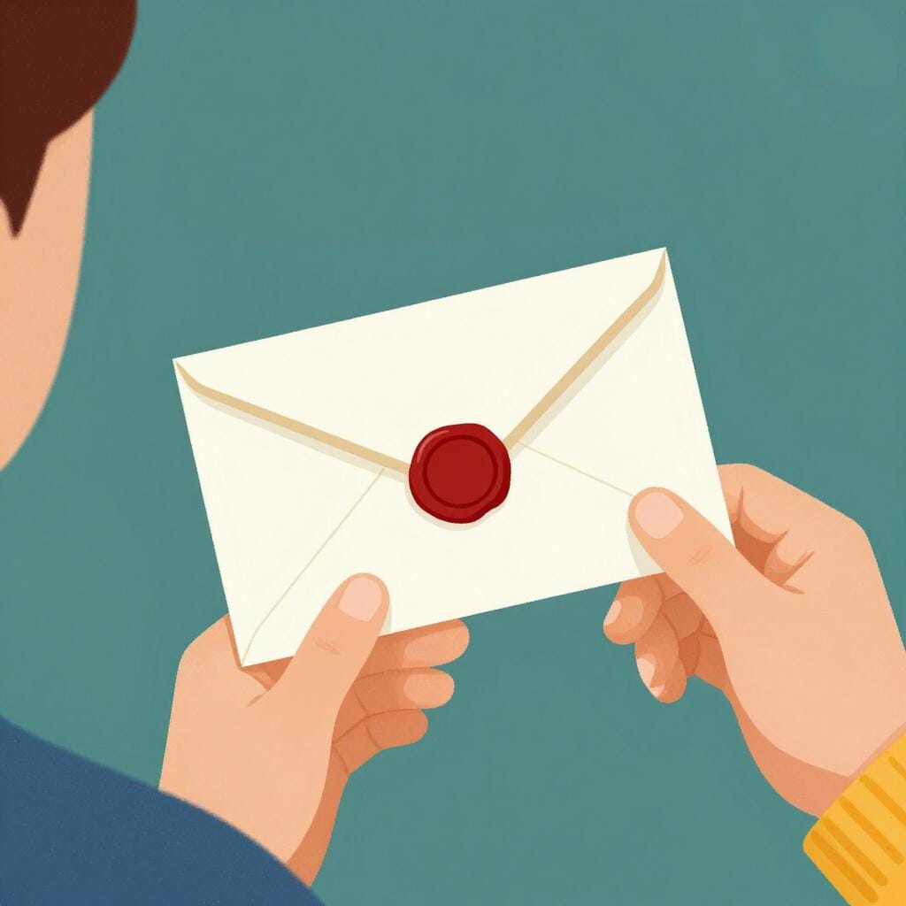 An envelope with a formal red wax seal being handed to a person.