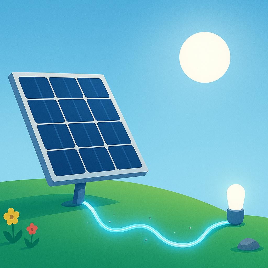 A simple illustration of a solar panel on a sunny hill connected to a glowing wire that is actively producing light energy.