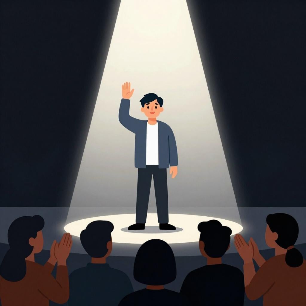 Een goed gekleed personage dat op een podium staat onder een felle spotlight terwijl een publiek applaudisseert.