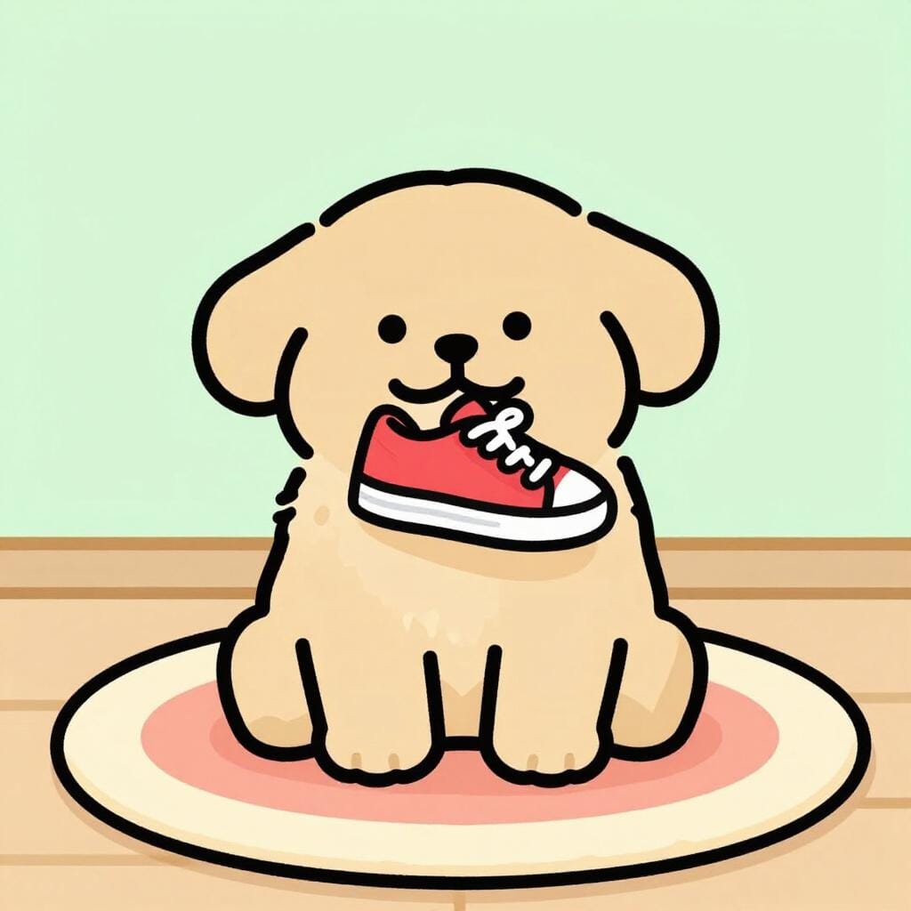 Un chiot assis sur un tapis coloré avec une seule basket dans la gueule, l'air joueur.