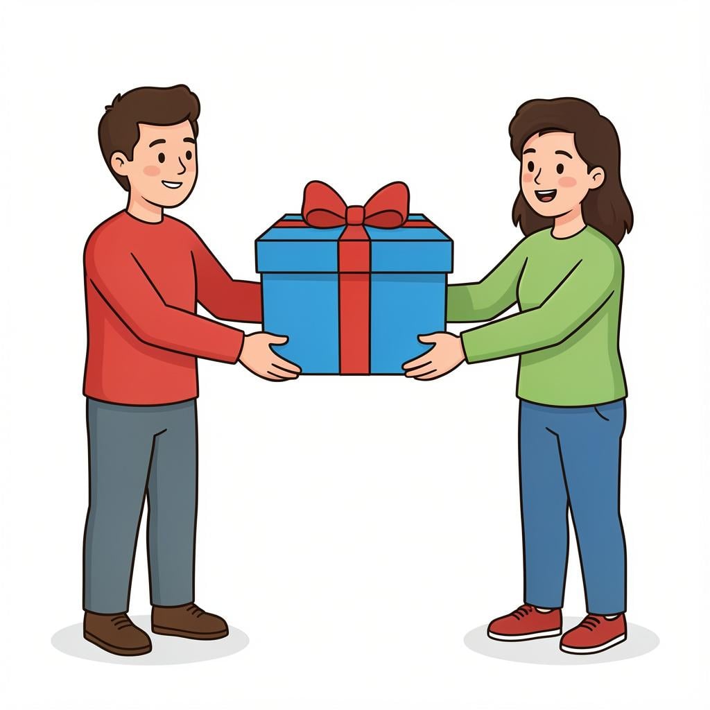 Two people smiling as they are handed a large, brightly wrapped gift box.