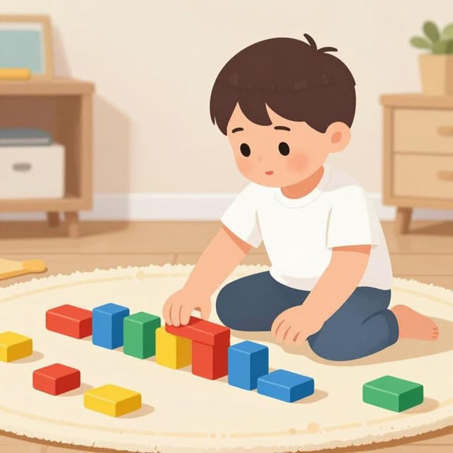 A child sitting on the floor, carefully arranging colorful wooden toy blocks in a straight line.