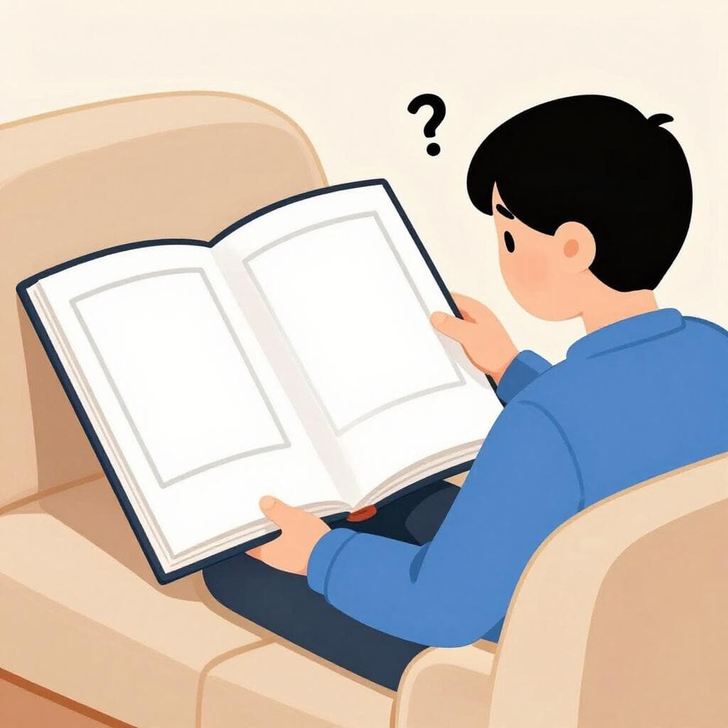 Une personne regardant un album photo avec des pages blanches, l'air confuse et pensive.