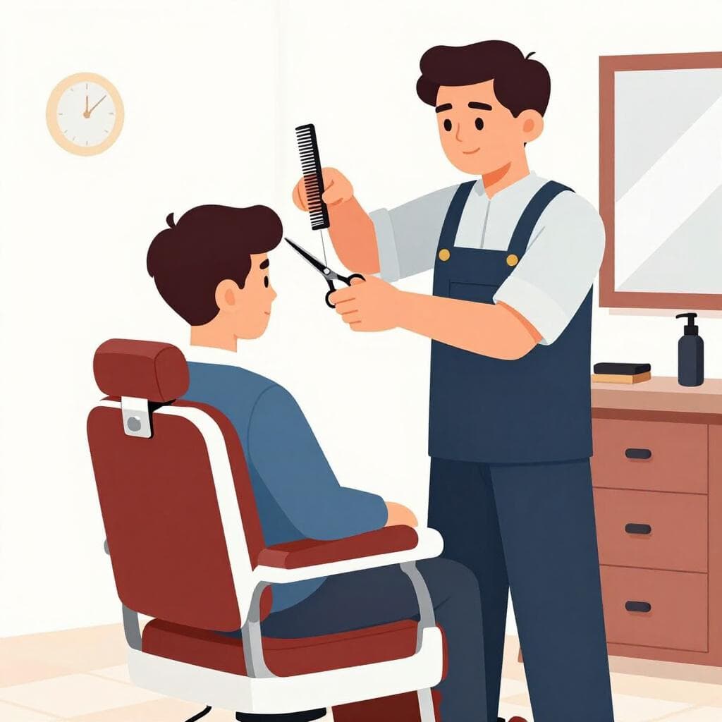 Um barbeiro simpático de avental branco cortando o cabelo de um homem em uma cadeira de barbearia clássica.