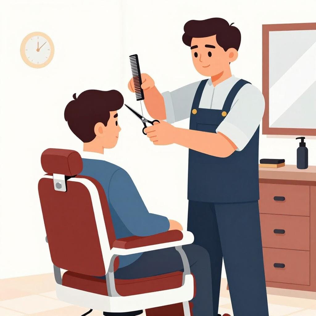 A friendly barber in a white apron cutting a man's hair in a classic barber chair.