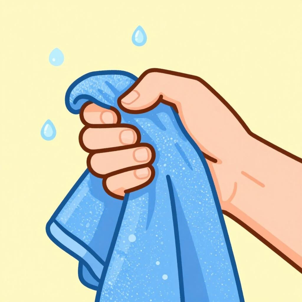 Zwei Hände, die einen nassen blauen Lappen auswringen, aus dem Wassertropfen fallen.