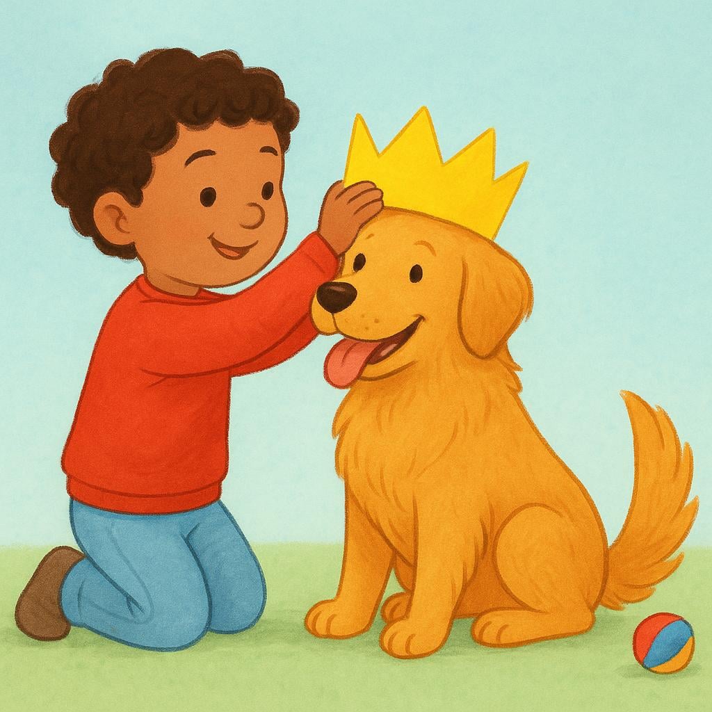 A child placing a handmade paper crown on a friendly dog's head, representing the act of giving a name or title.