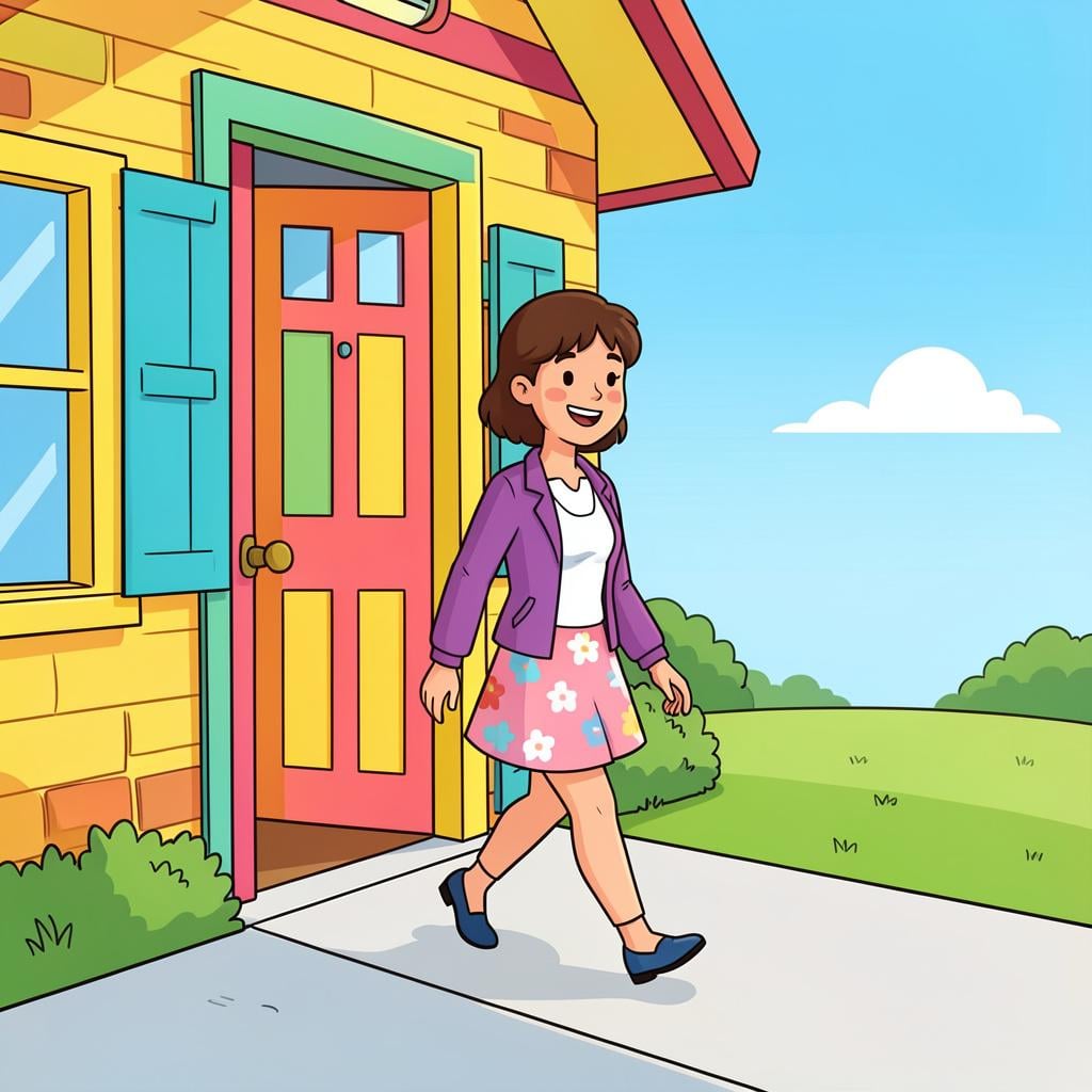 A person wearing a jacket and carrying a small bag, stepping out of a brightly colored front door into a sunny street.
