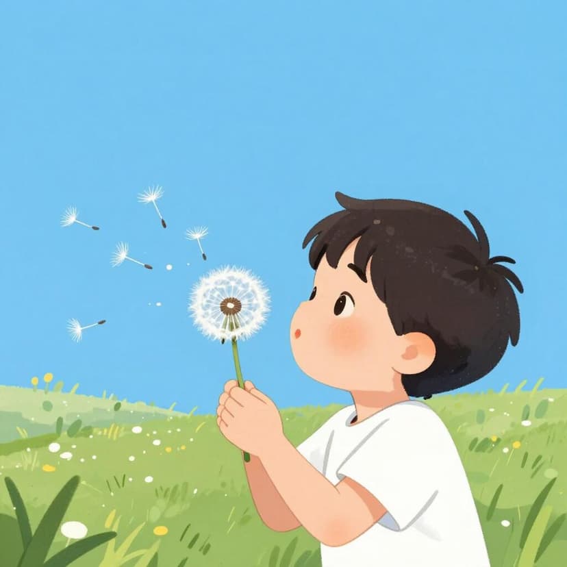 A child blowing dandelion seeds into the air, with the seeds flying in many different directions.