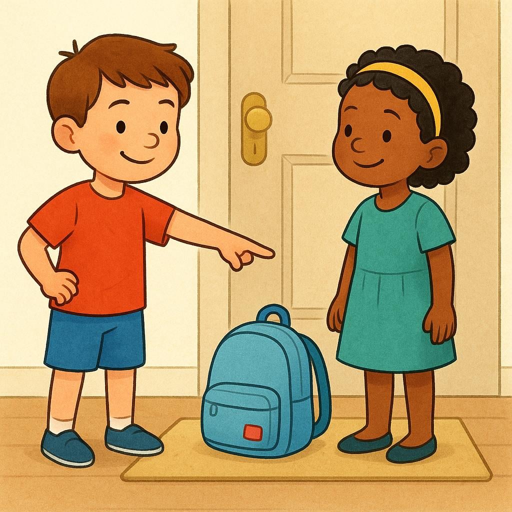 Two children standing by a closed door. One child points firmly at a small backpack sitting next to the door, giving a direct reminder to the other child.