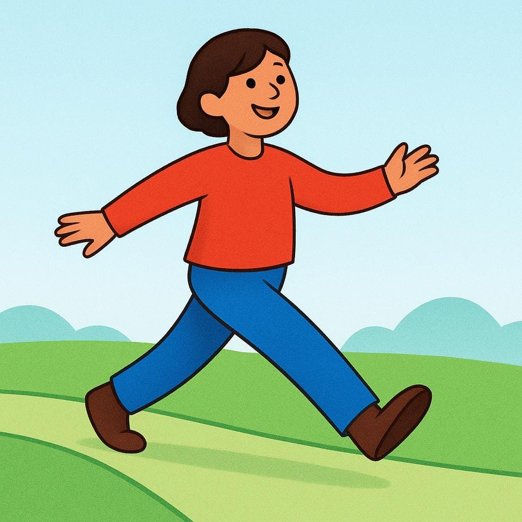 A colorful storybook illustration showing a simplified figure wearing a red shirt and blue pants actively taking a large step forward on a simple green path, illustrating the action of walking.