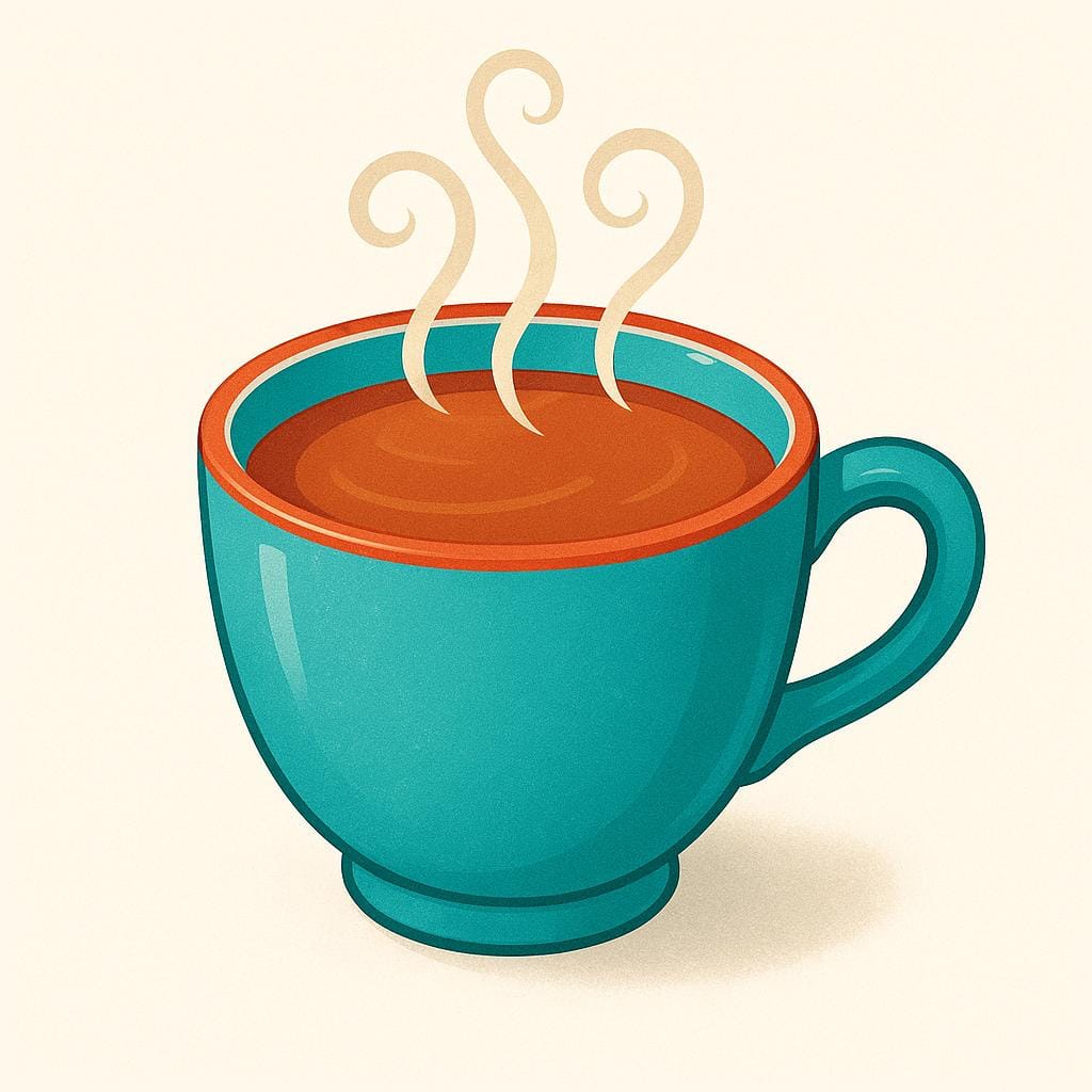 A brightly colored ceramic coffee cup with a handle, steam rising from the hot liquid inside.