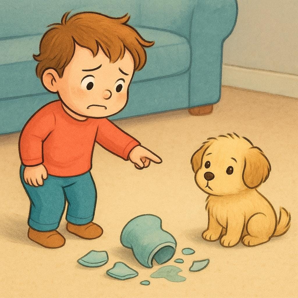 A storybook illustration of a child standing next to a broken vase, nervously pointing at a small puppy as if blaming the pet for the accident.