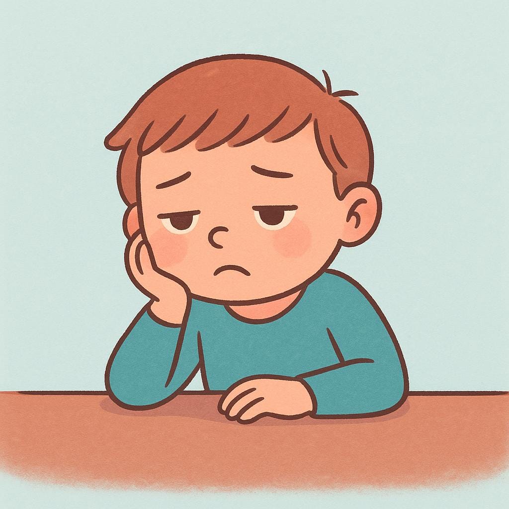 Un bambino solitario seduto a un tavolo, che appoggia pesantemente la testa sulla mano con un profondo sospiro, mostrando un sentimento di noia e disinteresse.