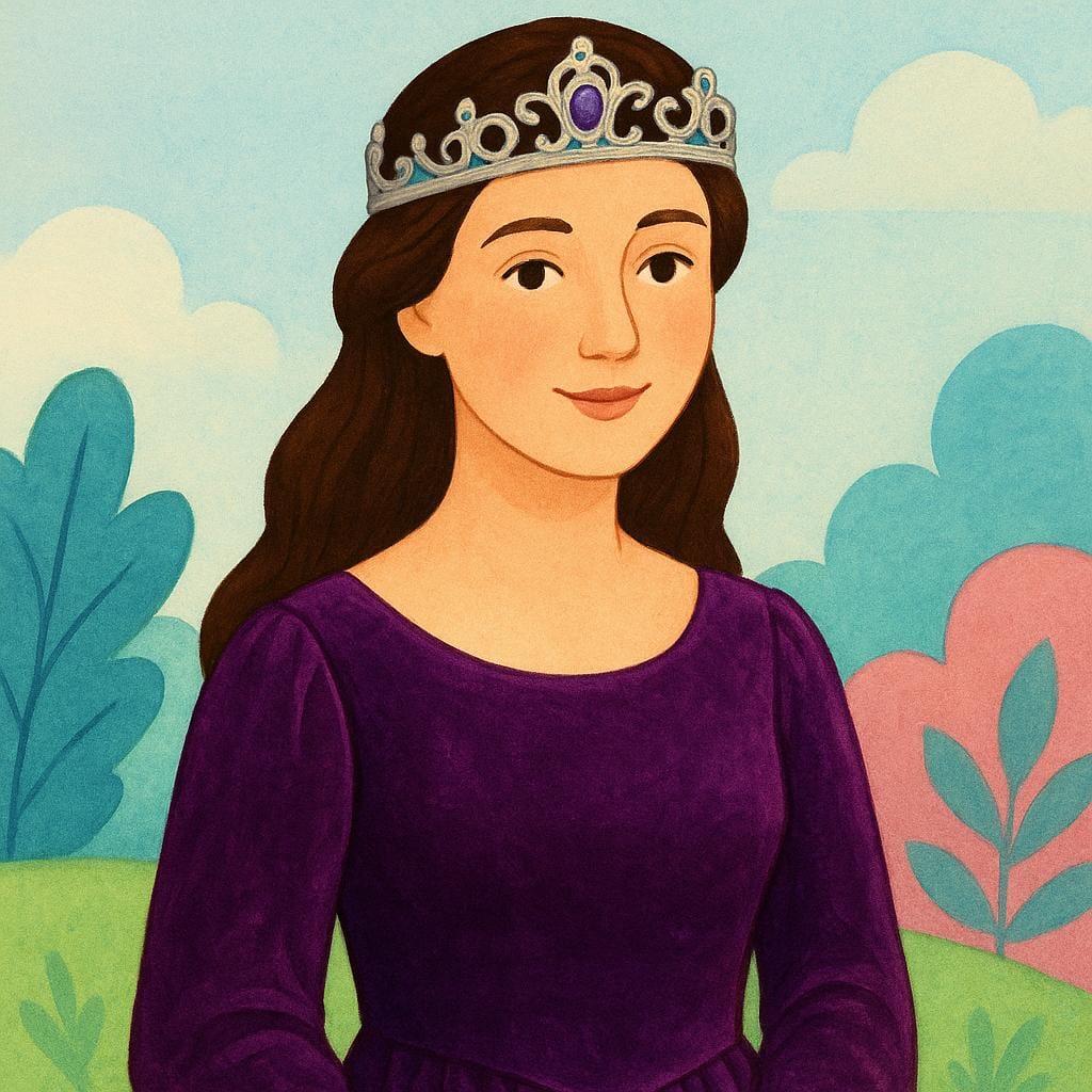 A portrait of a dignified woman wearing a purple velvet gown and a silver coronet, symbolizing her status as a countess.