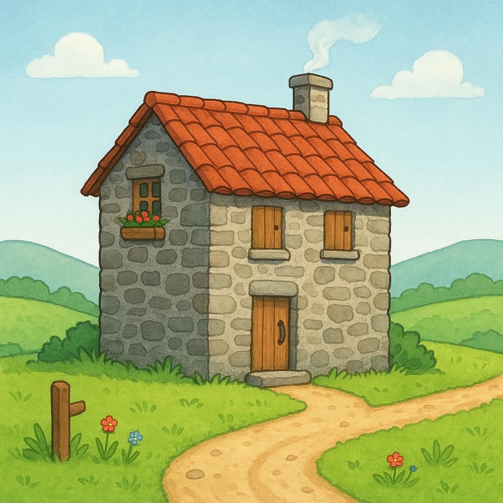 A cozy, rustic two-story stone building with a red tile roof situated next to a dirt road, representing a historical inn.