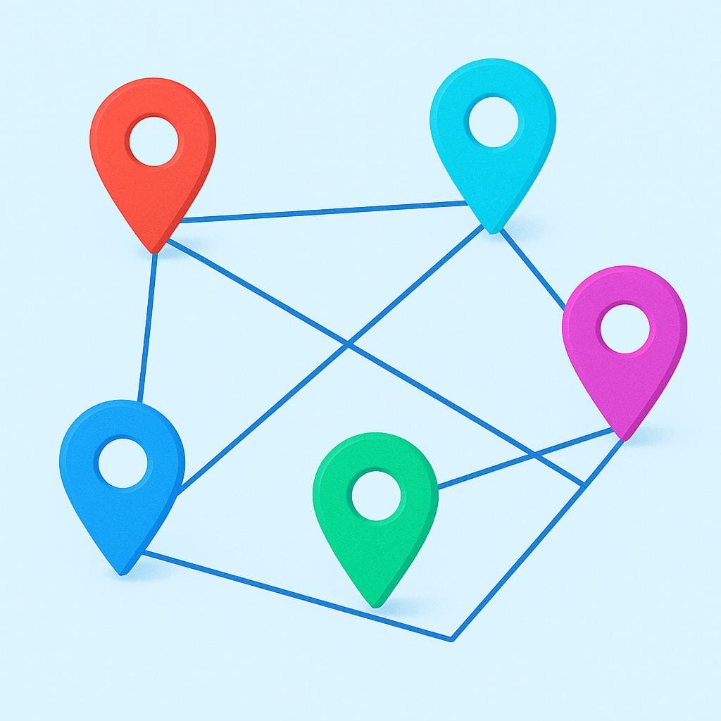 A simple illustration showing five distinct brightly colored location icons (e.g., a tower, a house, a factory) scattered on a map-like background. Thin blue lines connect all five icons together, forming a visible network.
