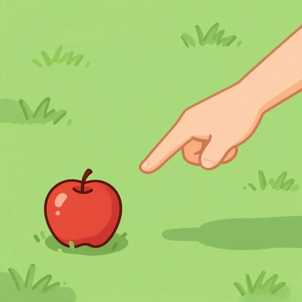 Eine einfache Figur zeigt entschlossen auf einen einzelnen roten Apfel auf dem Gras und gibt einer anderen Figur einen klaren Befehl, ihn zu holen.