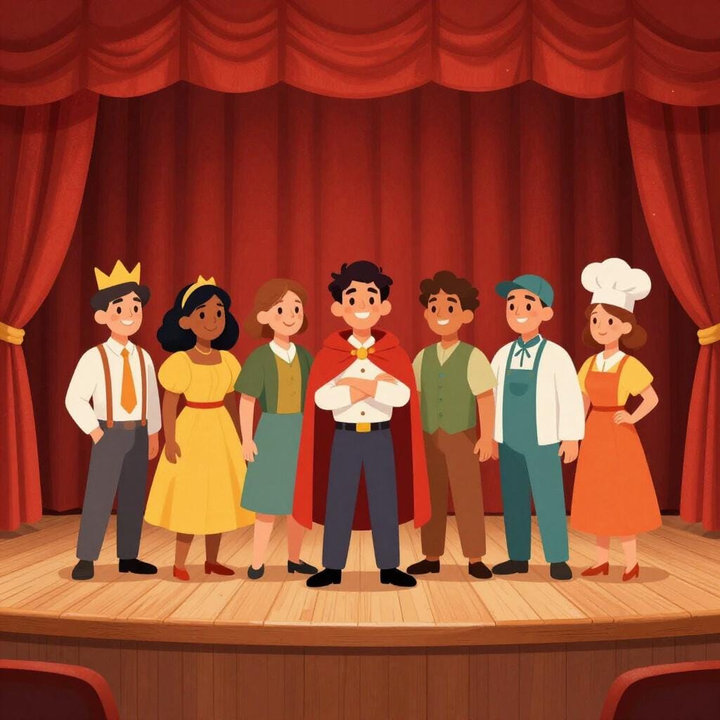 Um grupo diversificado de atores sorridentes em pé juntos em um palco de teatro, vestindo vários figurinos coloridos.