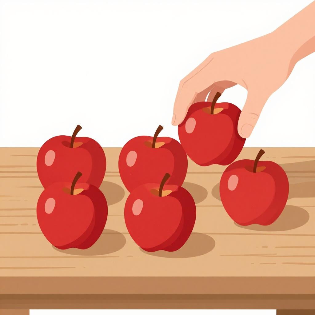 A wooden table with five red apples, where two apples are being pulled away by a hand.