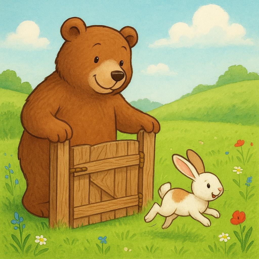 A friendly, smiling bear is holding open a small wooden gate, allowing a tiny rabbit to hop through into a green meadow.