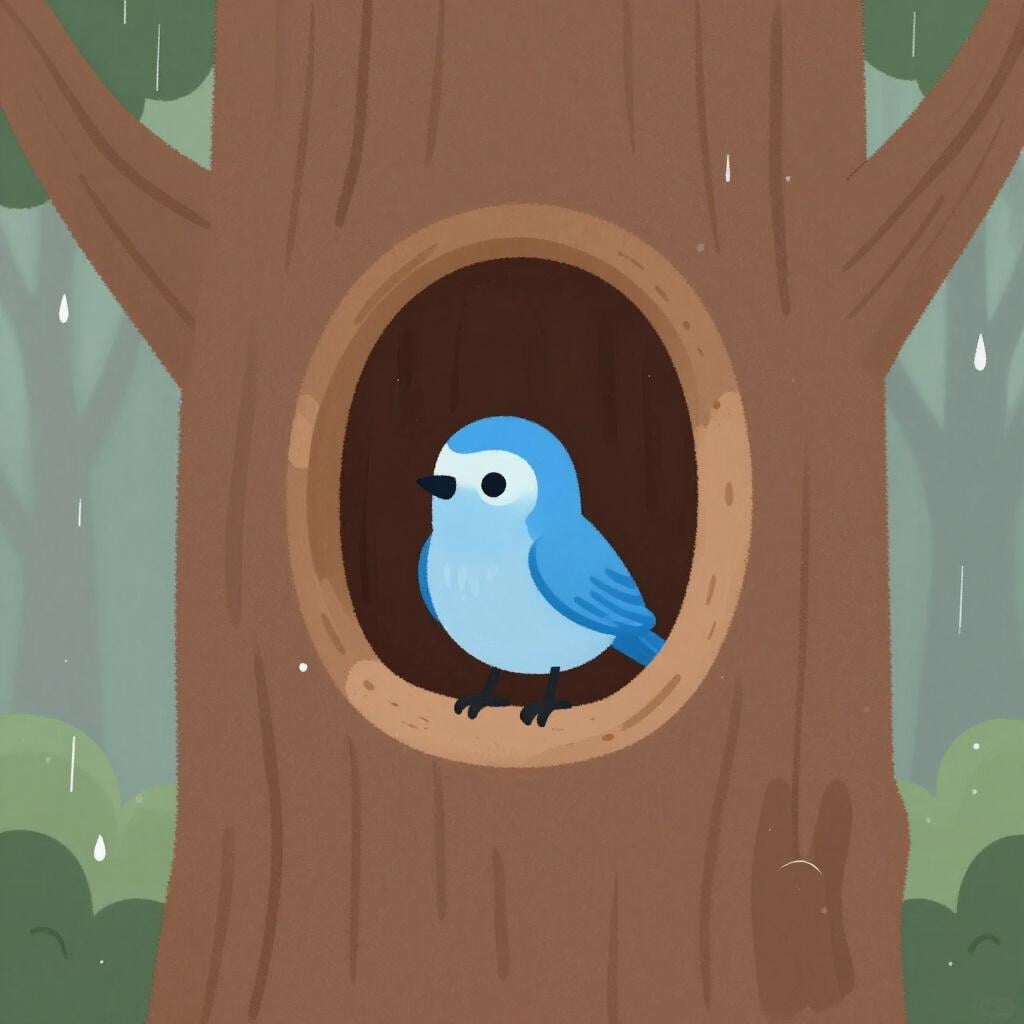 Een kleine vogel die in een holle boomstam zit terwijl het buiten regent.