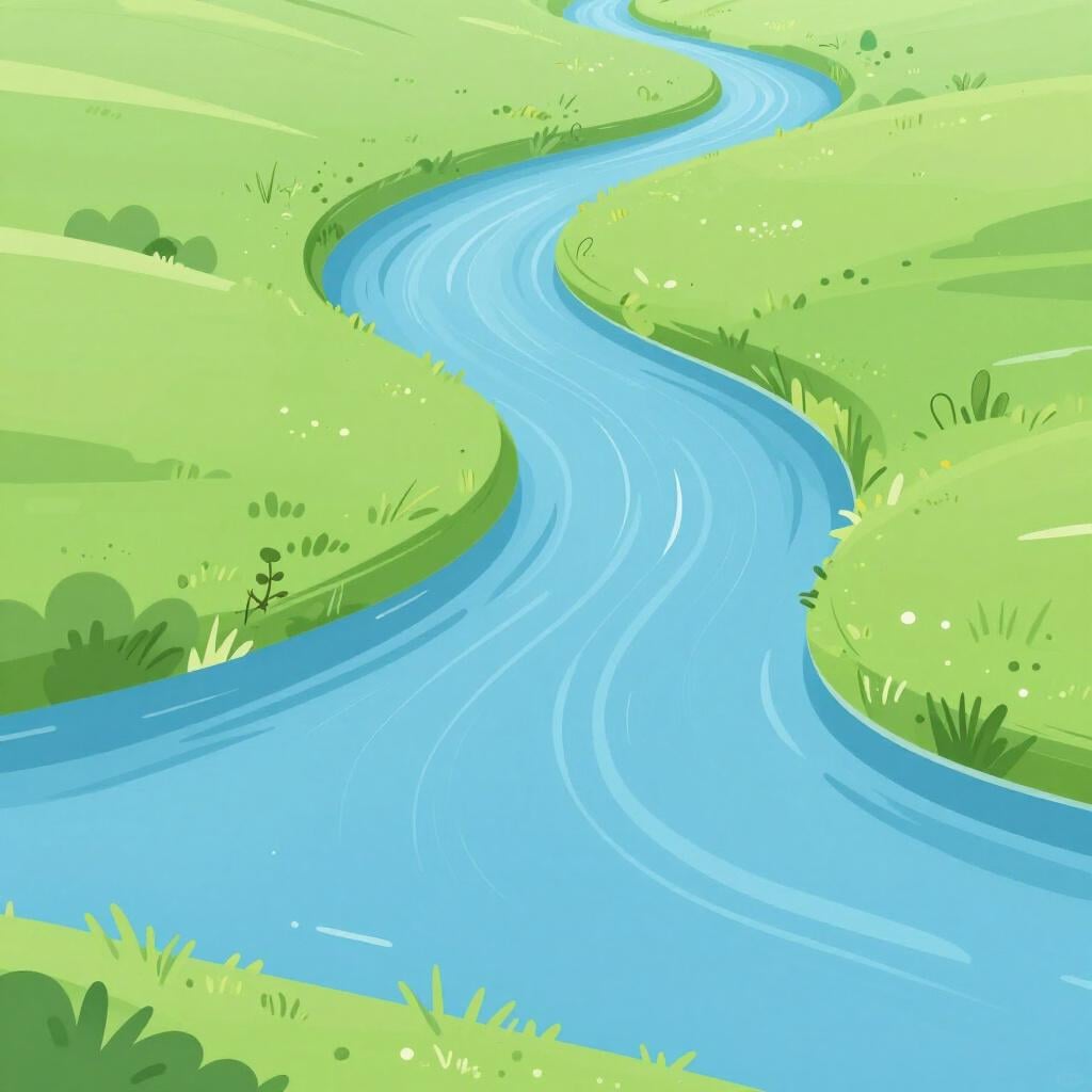 Ein sanfter blauer Fluss, der sich sanft durch eine grüne Wiese schlängelt.